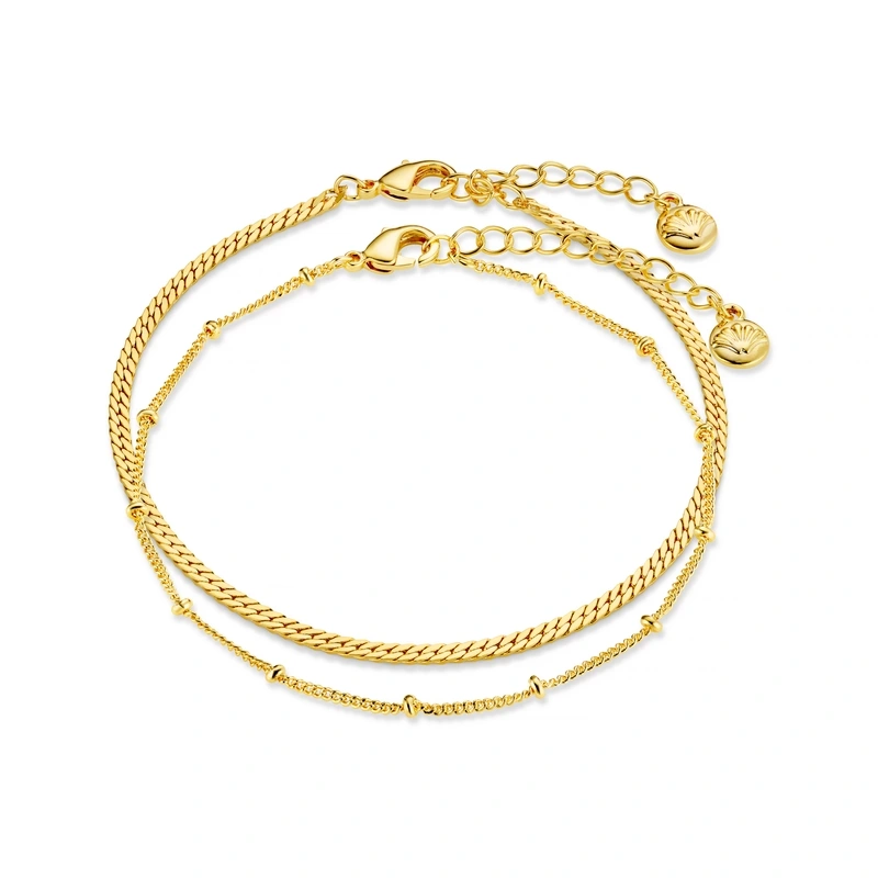 Satellite & Flat Curb Bracelet Duo – Gold